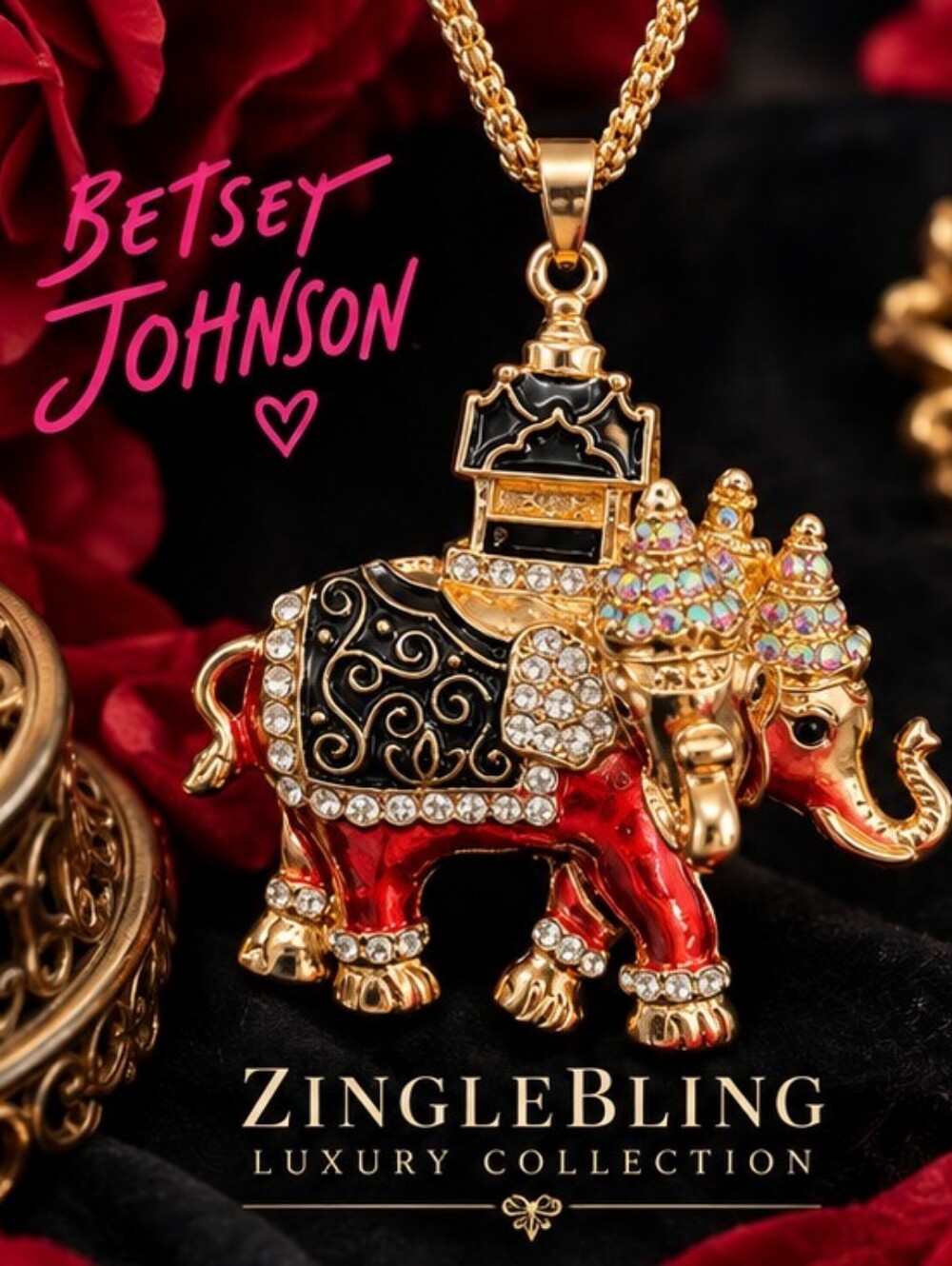 Betsey Johnson Two Headed Elephant Rhinestone Enamel Statement Necklace